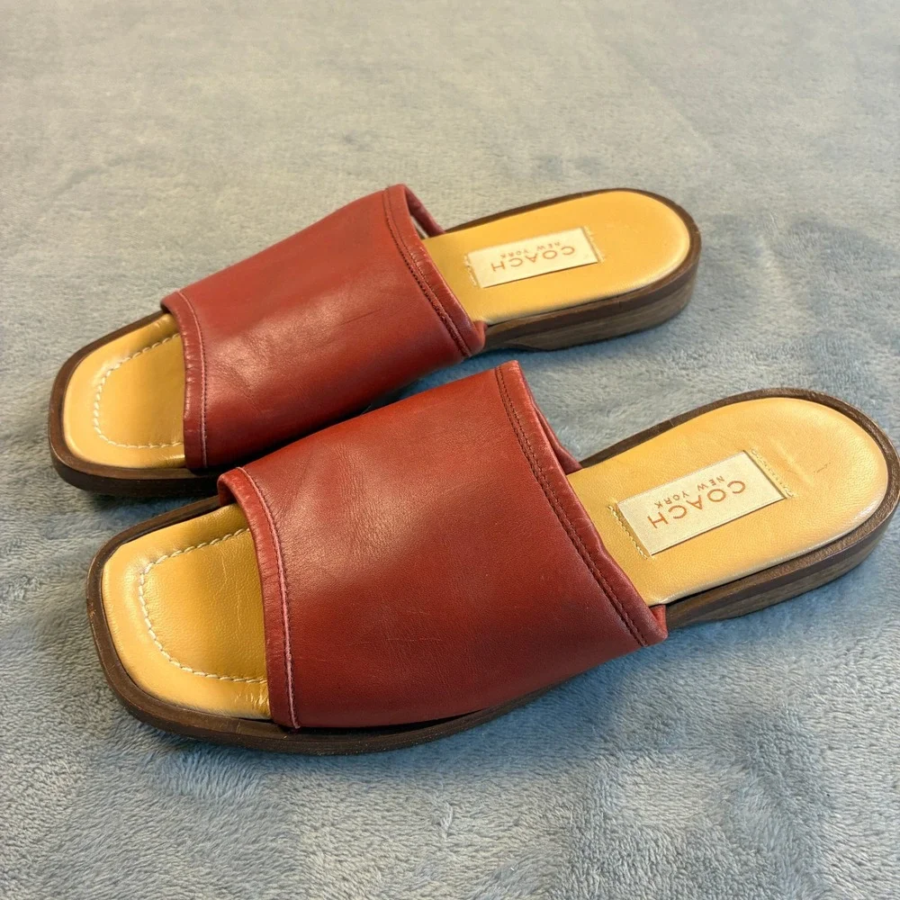 Coach Red Leather Slide Sandals Made in Italy Square Toe Flat Mules Women's 7B